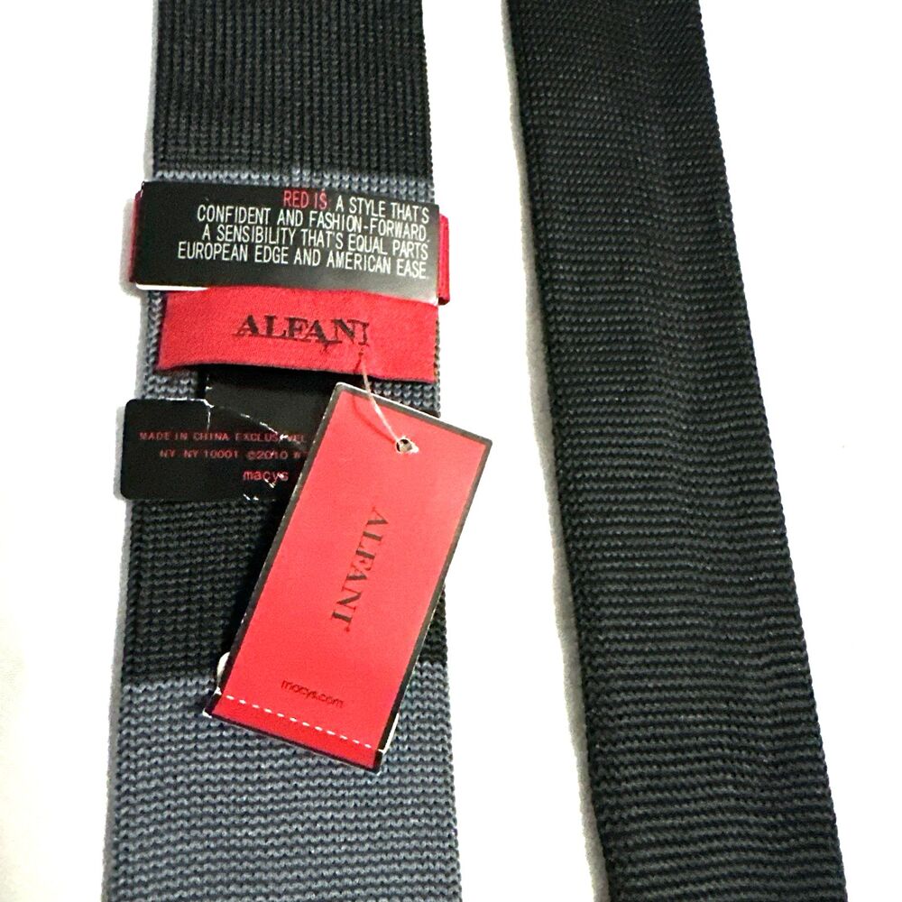 Alfani Mens Knit Hand-Made Square Necktie Black And Dark Gray Stripe Pattern